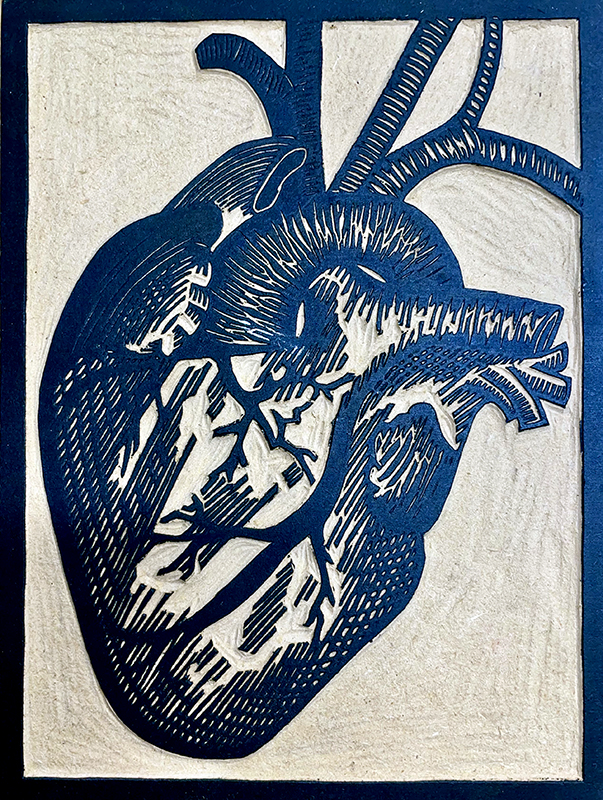 Original woodcut carved block of a heart