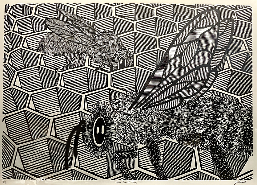 Original woodcut print of a two bees