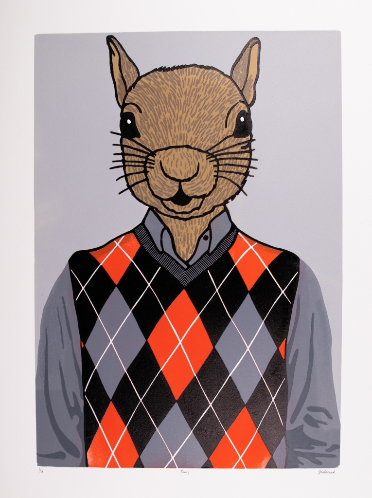 Original colored woodcut print called "Fancy" a graphic of smiling rodent in an argyle sweater